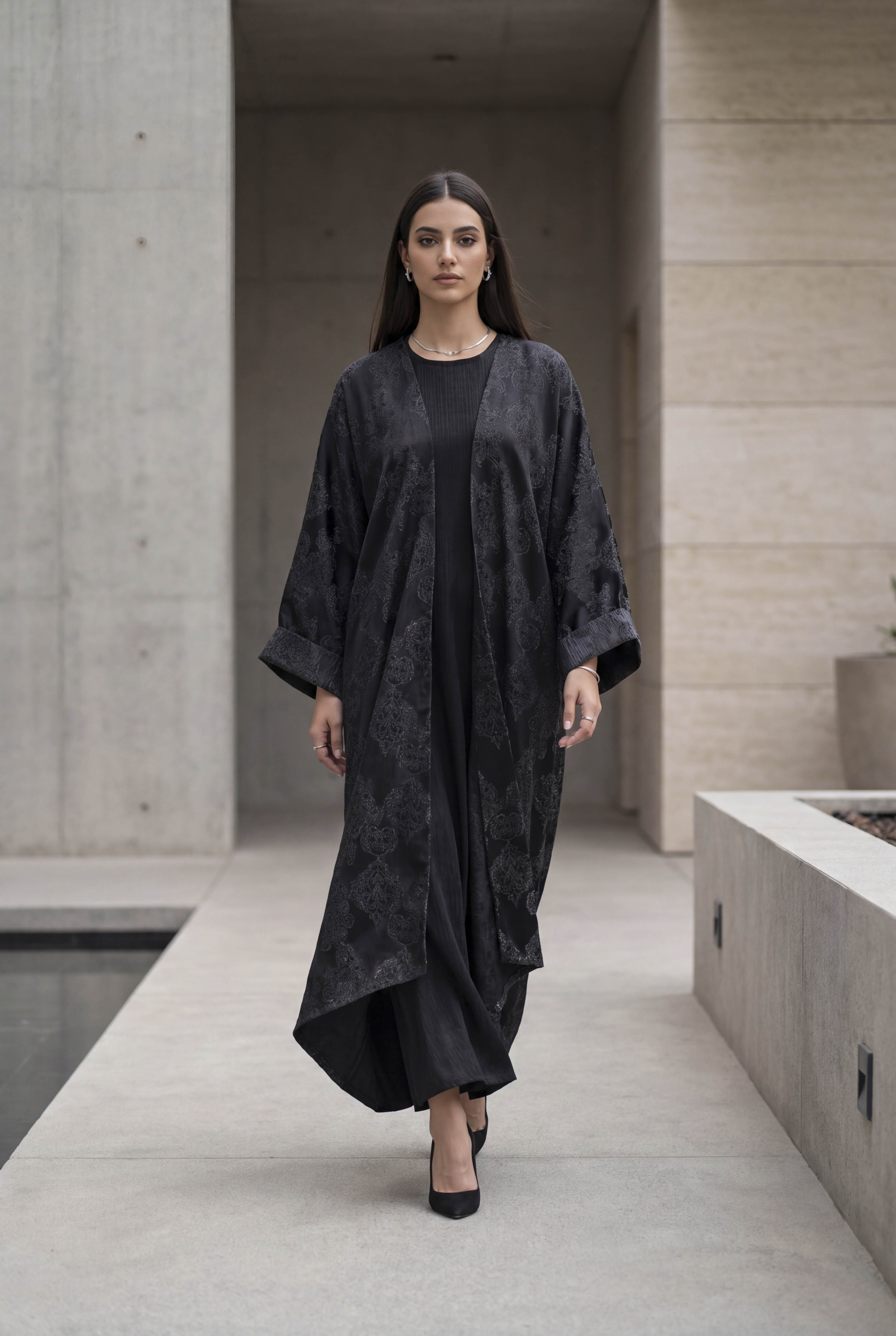 NT Collection Jakarlı Simli Kaftan & Saten Elbise Takım