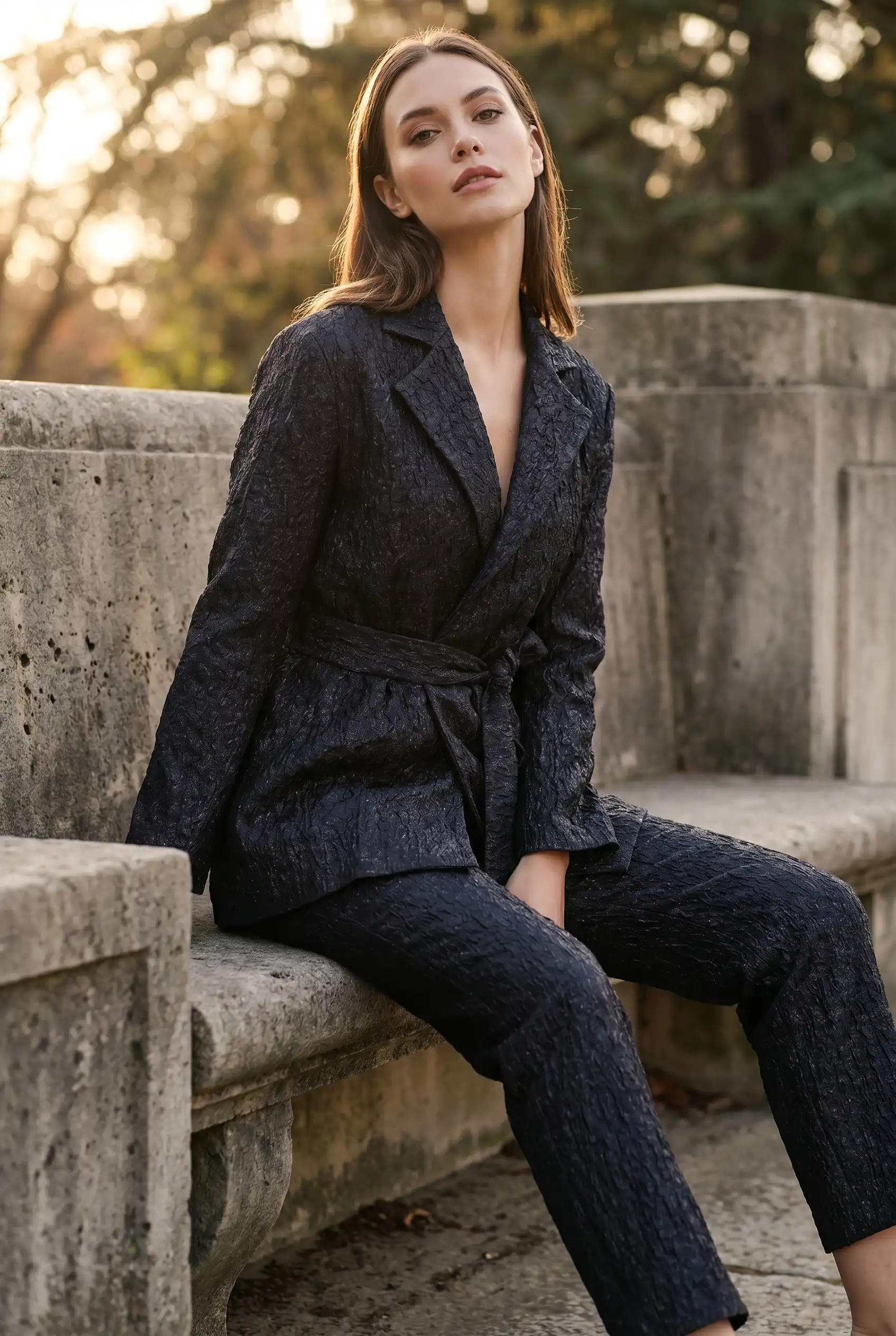 NT Collection Parlak Jakarlı Ceket & Pantolon Takım