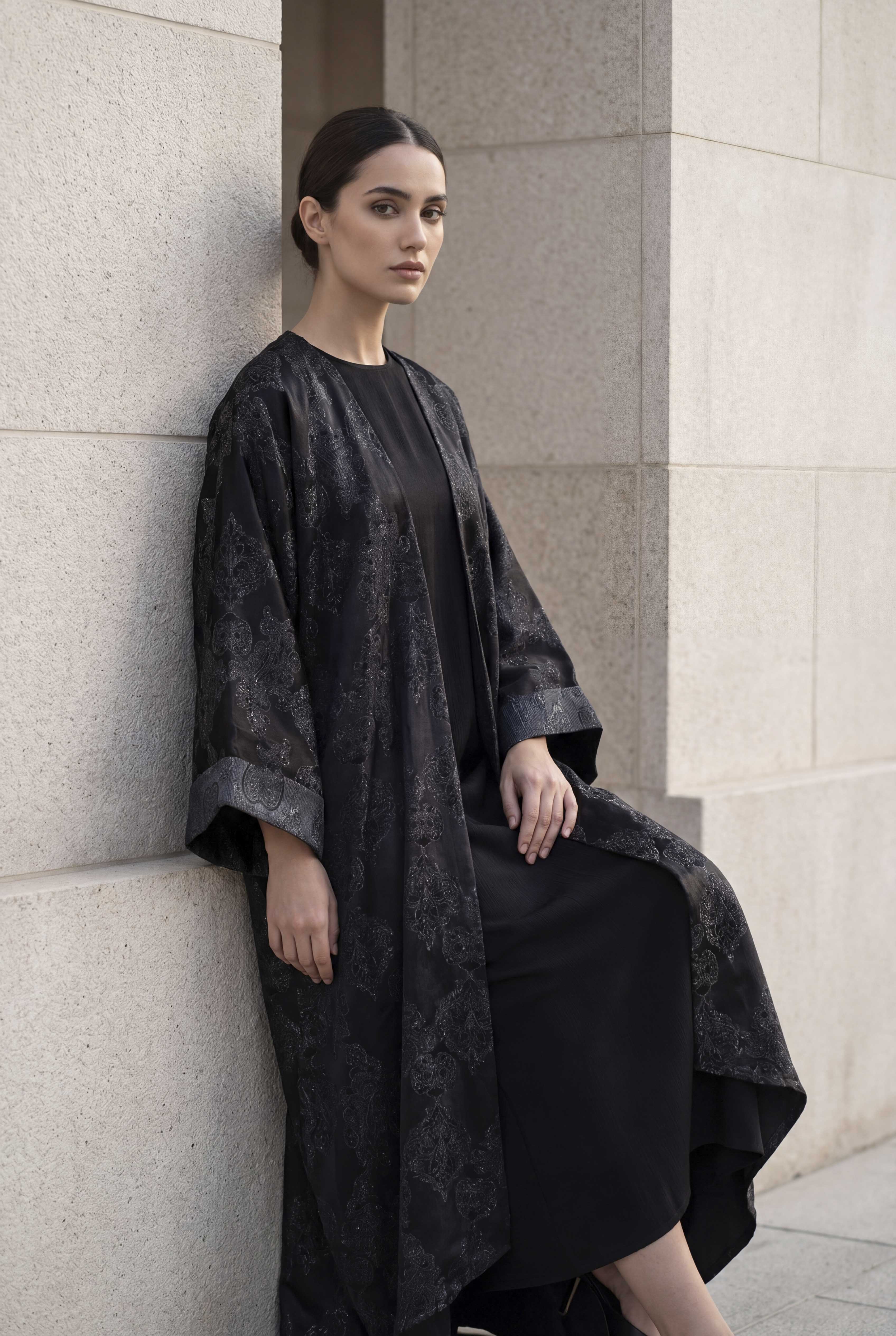 NT Collection Jakarlı Simli Kaftan & Saten Elbise Takım