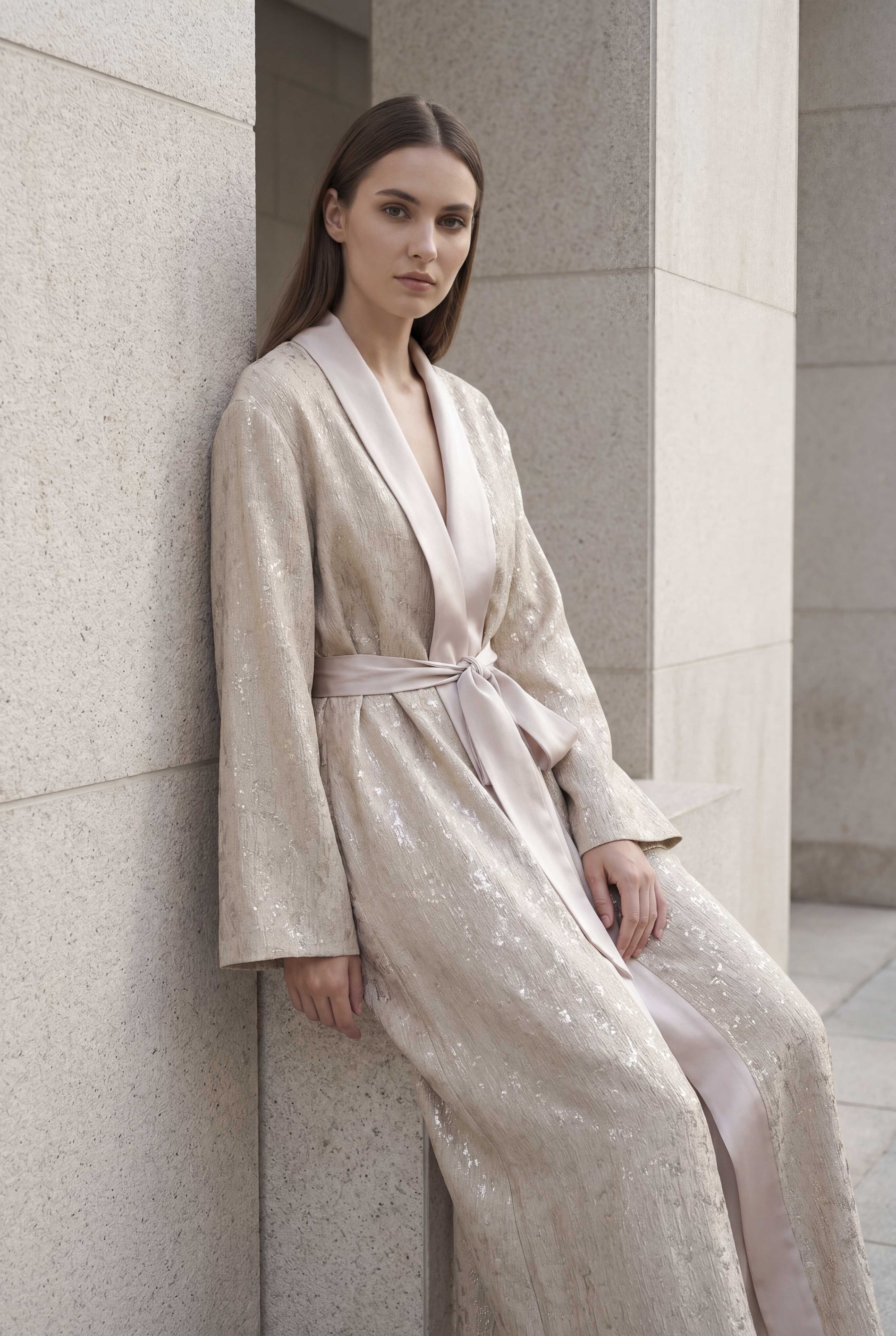 NT Collection Kuşak Detaylı Simli Kaftan